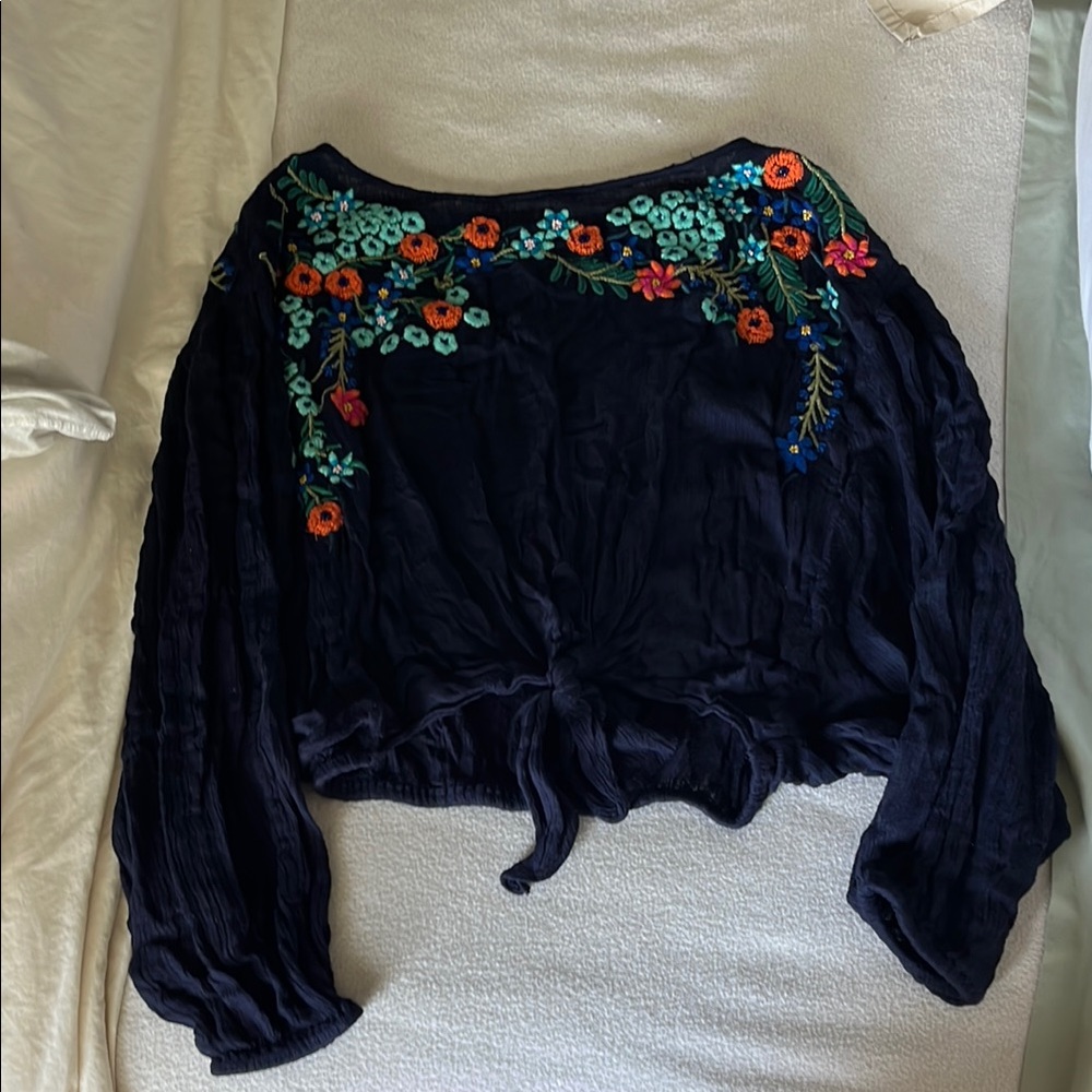 Embroidered Free People Floral Navy Top